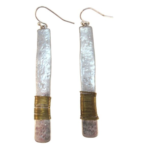 Hammered Aluminum with Copper Wire Wrap Stick Pierced Earrings - Picture 2 of 8